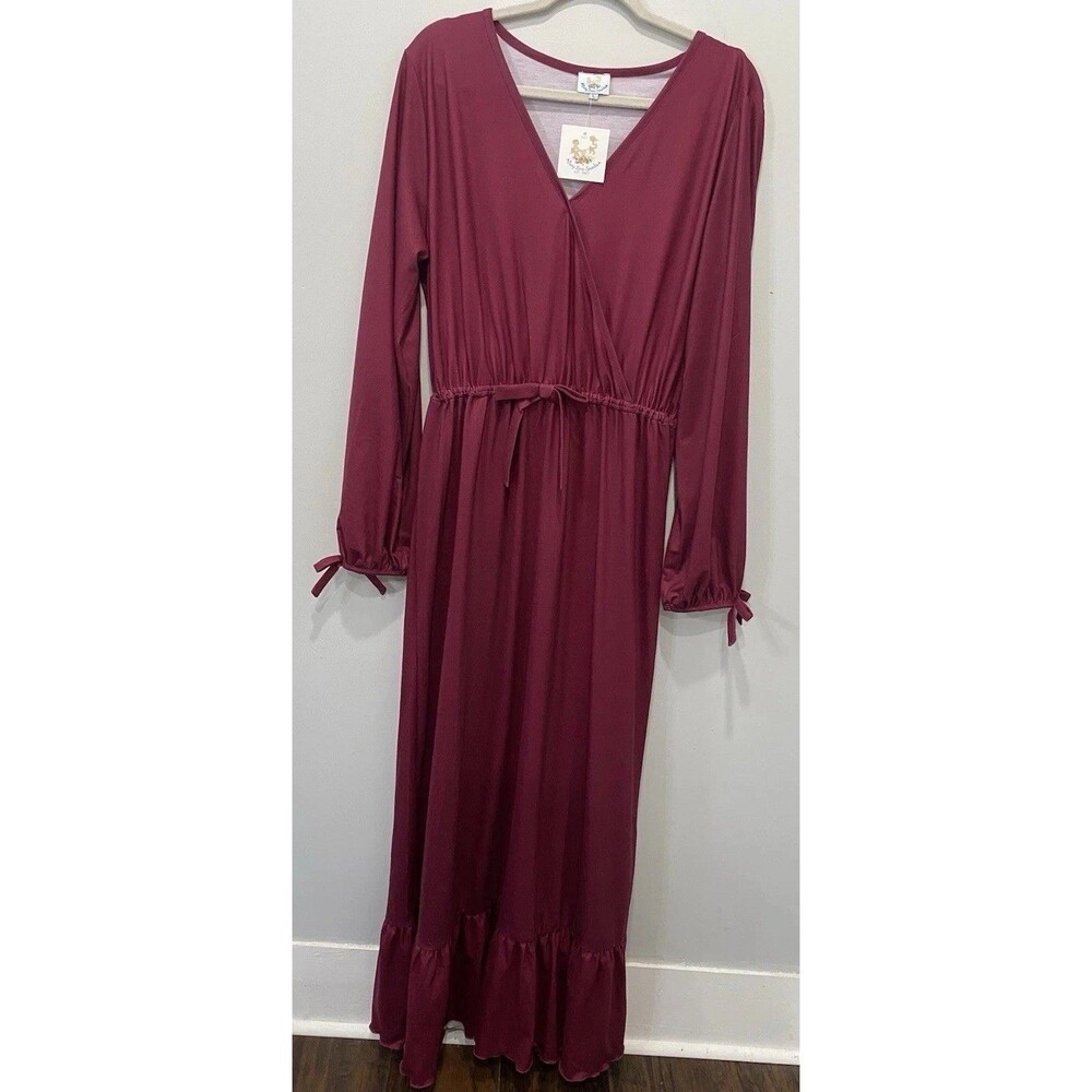 NWT Busy Bee Smocks Burgundy Long Sleeve Maxi Dress Faux Wrap Sz L Boho Wedding
